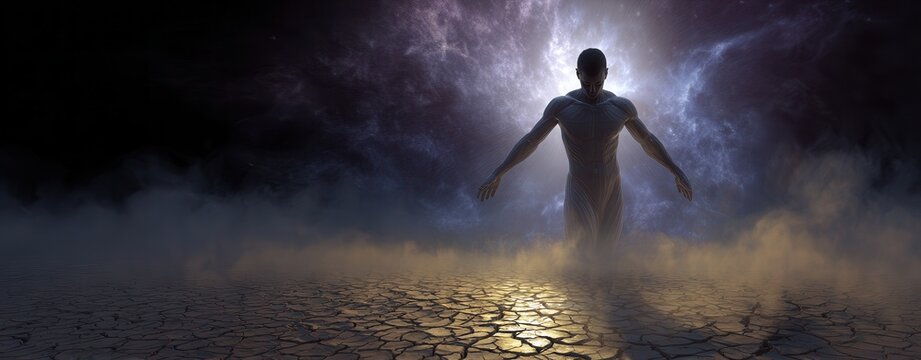 Male figure with arms outstretched standing on cracked dry ground under dramatic shafts of warm light, surrounded by mist, backlit glow, and stark resilience, with male, figure, silhouette, standing