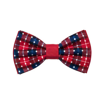 Red and blue plaid patterned bow tie on a plain white background