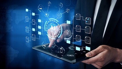 Business professional interacting with futuristic technology and data visualization on a tablet...