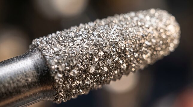 Closeup of dental diamond bur grit on rotary tool head with sparkling metallic texture