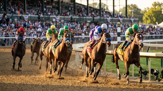 Horses and jockeys racing on a dirt track