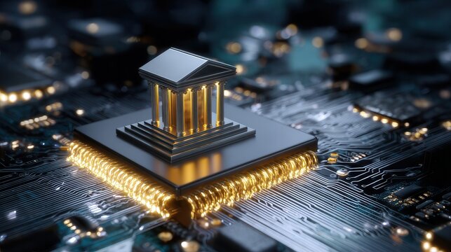 Microchip bank building on glowing circuit board representing digital banking infrastructure, secure payment processing, fintech connection, technology, and data network concept