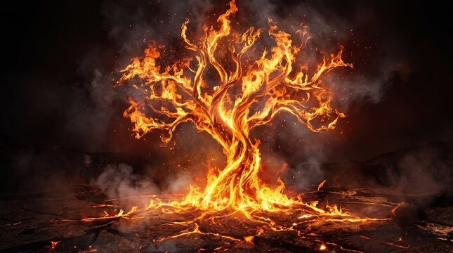Tree engulfed in flames at night with smoke rising