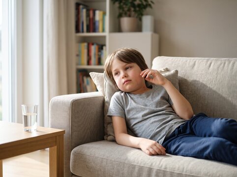 Sick Child With Mumps and Swollen Cheeks Resting at Home