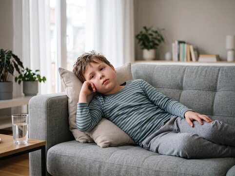 Sick Child With Mumps and Swollen Cheeks Resting at Home