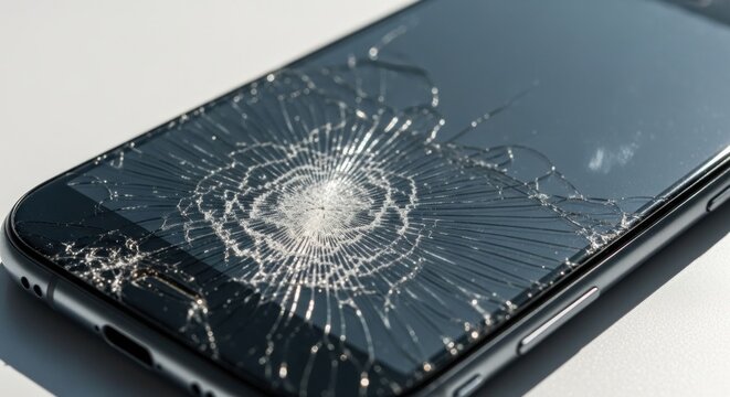 Close-up of a cracked smartphone screen with shattered glass.