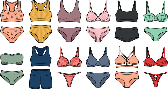 Women Underwear and Lingerie Vector Illustration Set Featuring Sports Bras Briefs Bralettes Bikinis Thongs and Boy Shorts for Fashion Apparel Shop Graphics