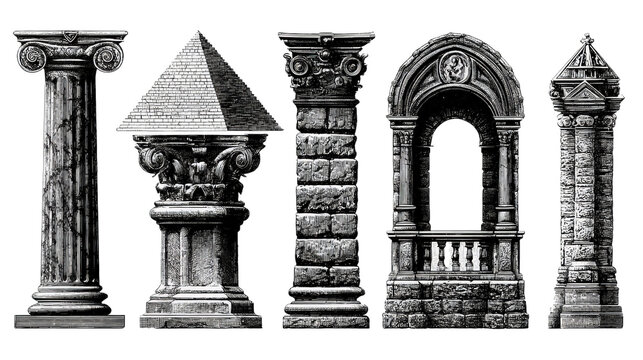 Vintage engraving illustration of classical architectural elements columns arches monuments with historical monumen