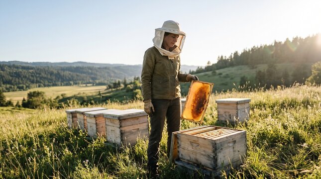 Beekeeper pauses beside honeycomb in a rural apiary at sunset