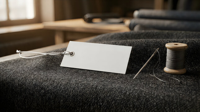 Blank paper price tag with a needle and thread spool on a dark fabric surface in a tailor workshop
