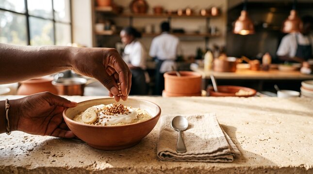 Finishing a millet bowl with sorghum crunch