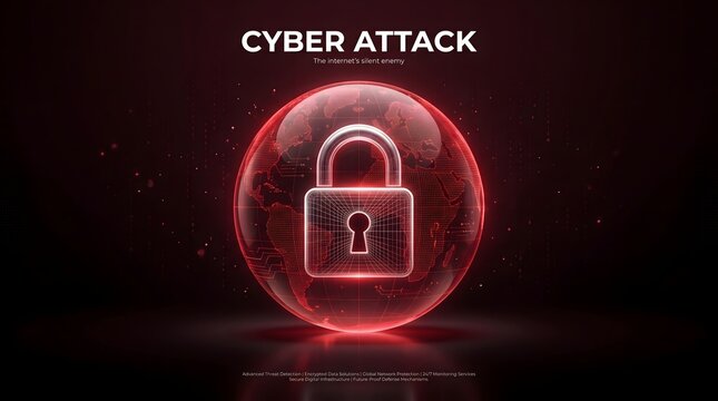 Cyber attack concept with glowing red digital padlock and data security warning graphic