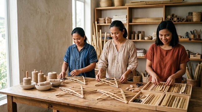 Artisans prepare bamboo parol frames in Philippine studio
