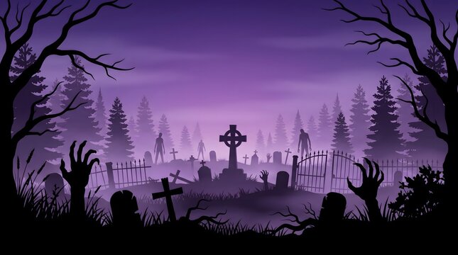 Spooky Halloween graveyard silhouette with zombie hands rising from graves in purple fog