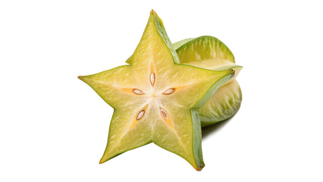 Fresh ripe yellow carambola star fruit crop isolated on transparent background