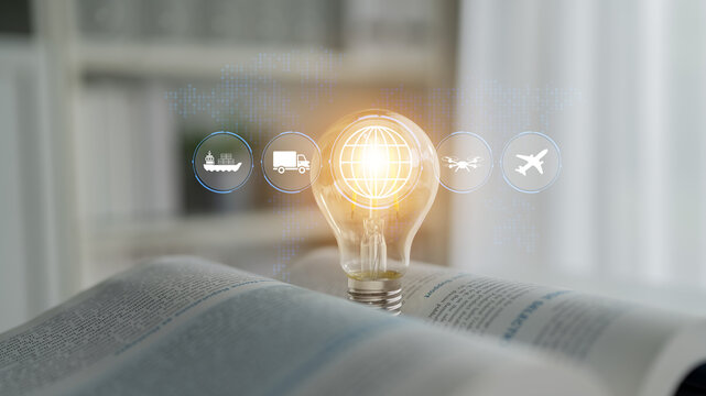 A light bulb represents innovative ideas with global transportation icons, illustrating the connection between logistics and efficient business operations in modern society. Nascent