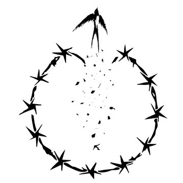 concept freedom, flight, breaking barriers, liberation, victory. barbed wire breaks and turns into a bird. Addiction Recovery Dispersion black and white effect