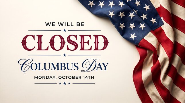 Closed Sign with American Flag Backdrop, a Patriotic Announcement for Columbus Day, Monday, October 14th. Business Closure Notice, Festive Design, Holiday Signage.