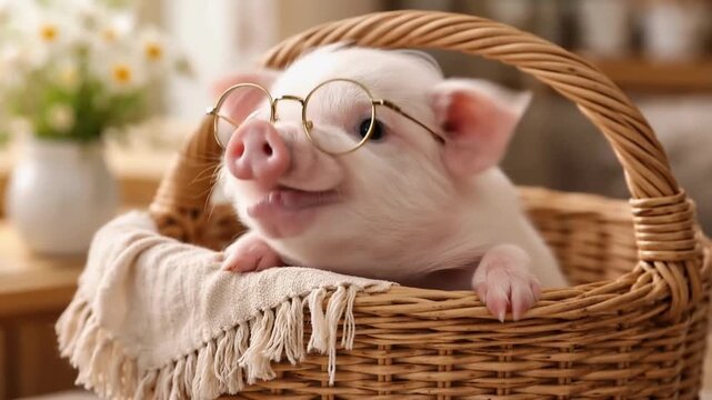 Cute piglet wearing round glasses relaxing in a wicker basket with a soft blanket at home