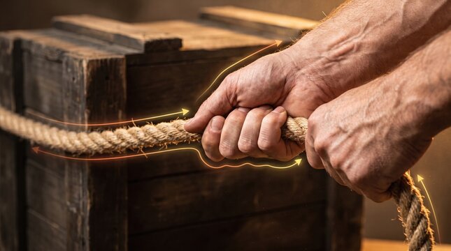 man hands pulling hard on a thick hemp rope tied around a large wooden crate with glowing force arrows.