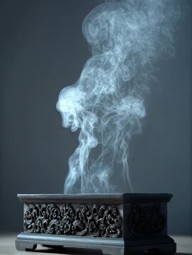 Ornate incense burner releasing delicate white smoke against a dark minimalist background