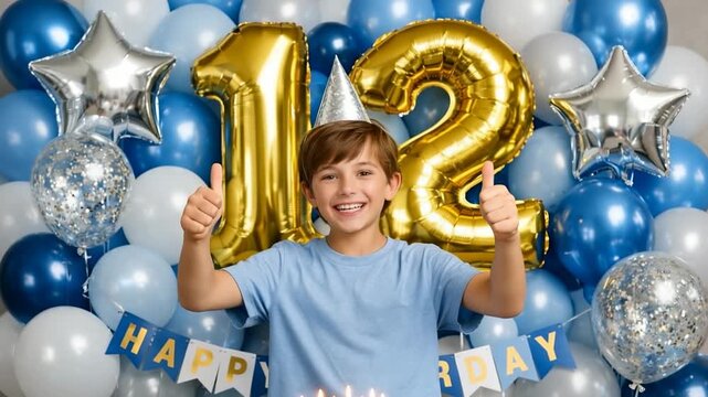 Smiling boy celebrating his twelfth birthday with gold number balloons and festive decorations
