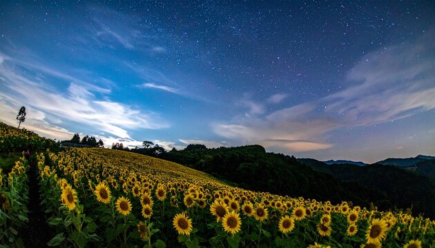 Sunflowers in a blooming meadow at night under a starry sky and bright moon with sunflowers sunflower blooming astronomy
