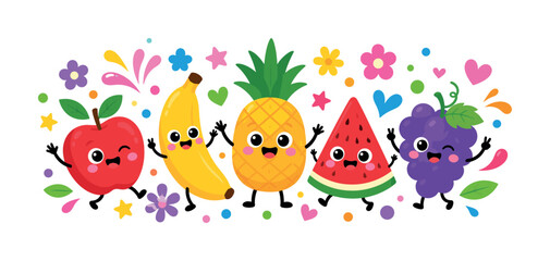 Obraz premium Playful cartoon fruits dancing and celebrating with confetti and flowers
