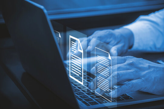 Paperless Office and Online Data Storage Concept with Floating Document Icons.