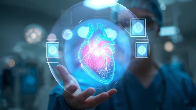 Healthcare worker holding a glowing anatomical heart projection surrounded by medical display panels