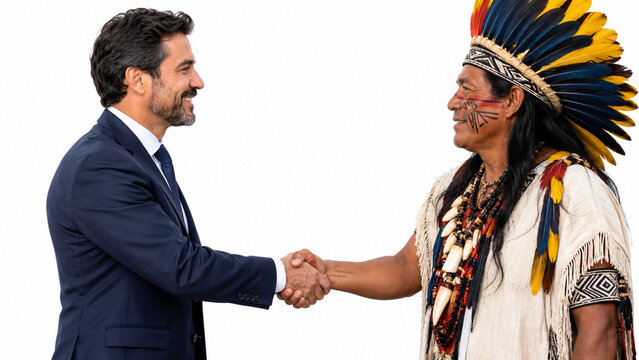 Professional businessman in suit shaking hands with an indigenous tribal leader in traditional feathered headdress on white background
