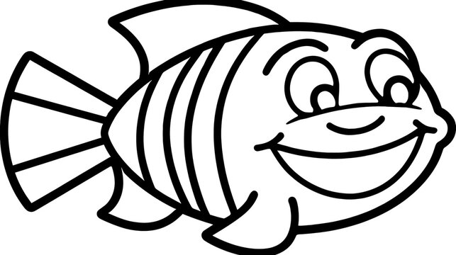 Isolated friendly cartoon fish character swimming and smiling with striped body line art drawing