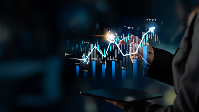 A modern digital interface showcasing financial growth with animated graphs and data, illustrating market trends and analytical insights for effective business decisions. Scalp