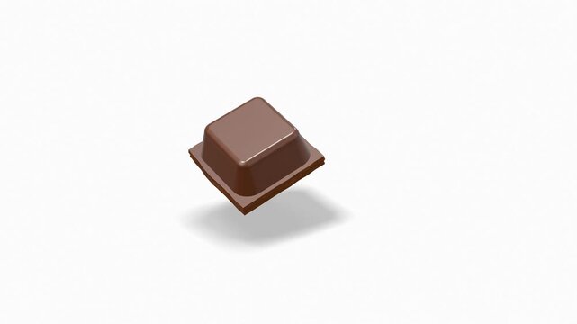 Single square of milk chocolate slowly rotating above a clean white background with a soft shadow, glossy tempered surface and snapped edge, seamless loop