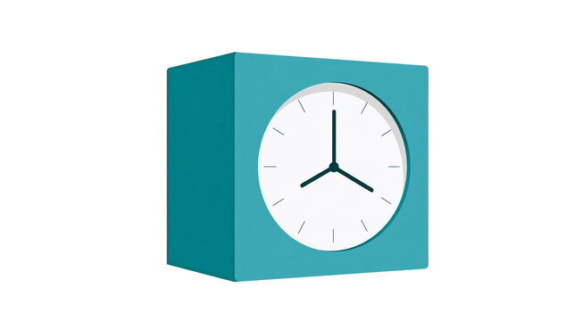 Isolated square teal alarm clock with white analog face and black hands displaying precise time