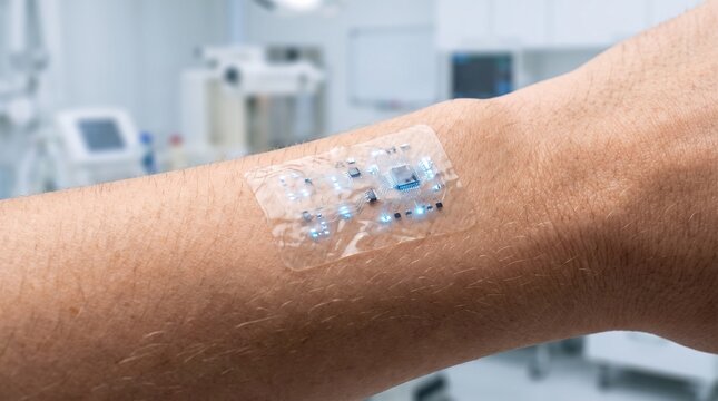 Close-up of medical bio-sensor patch applied on human arm for health monitoring and diagnostics