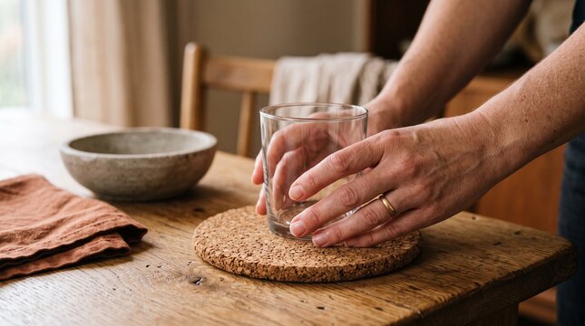 Hands settle a water glass onto a cork coaster