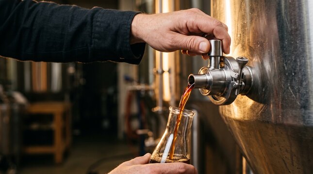 Sampling fresh cold brew from a steel tank