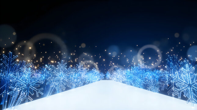 Abstract blue snowflakes and glowing lights on a dark winter background