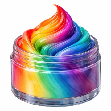 Colorful rainbow cream texture in clear cosmetic jar isolated on light background with glossy swirl design