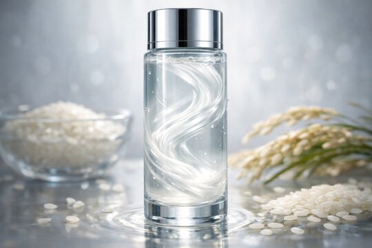 Rice inspired skincare essence in clear bottle with gentle hydration and natural beauty care formula