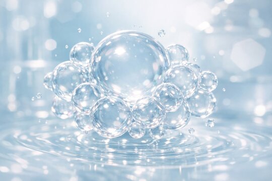 Transparent hydration spheres floating above water surface with glowing moisture concept for skincare science