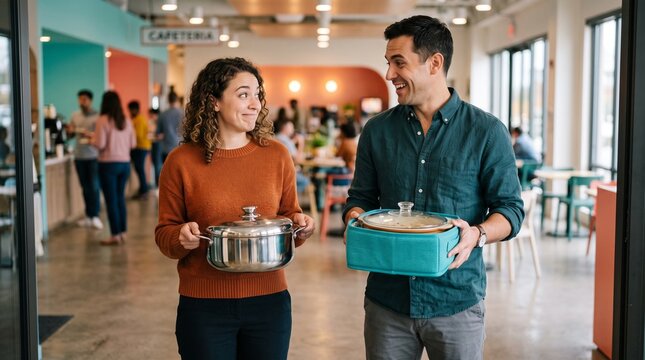Coworkers compare mismatched covered dishes at potluck