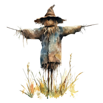 Scarecrow, vector watercolor, painting isolated on a white background.