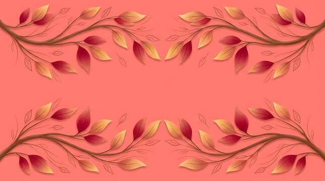 Symmetrical autumn branch border with golden and red leaves on a soft coral pink background