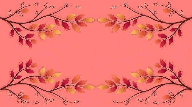 Symmetrical autumn branch border with golden and red leaves on a soft coral pink background, for seasonal greeting cards