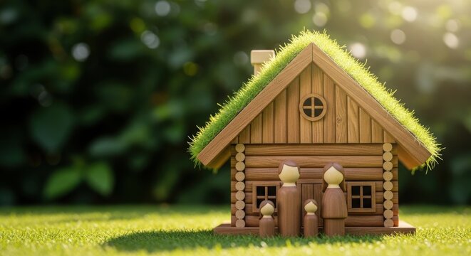 Small wooden cabin with green grass roof in a sunny forest clearing illustration