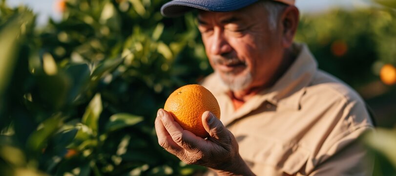 Agricultural specialist inspecting ripe orange in citrus grove