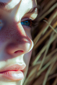 A close-up shot of a woman's face featuring distinctive freckles. vertical frame