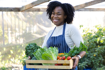 Mid-adult African woman holding wooden crate of greens and tomatoes in garden wearing striped apron
